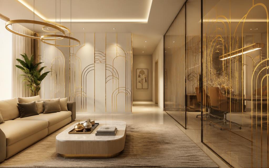 Intérieur moderne avec partitions décoratives dorées
