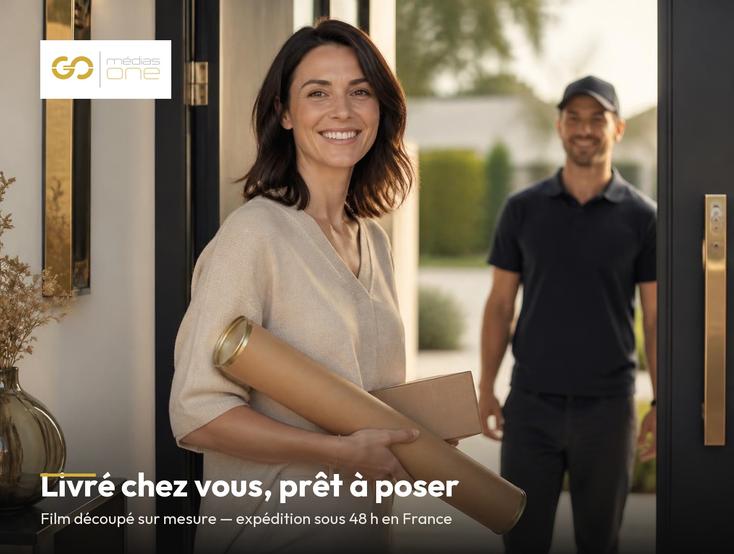 Cliente recevant son colis de film adhésif Go Medias One à domicile