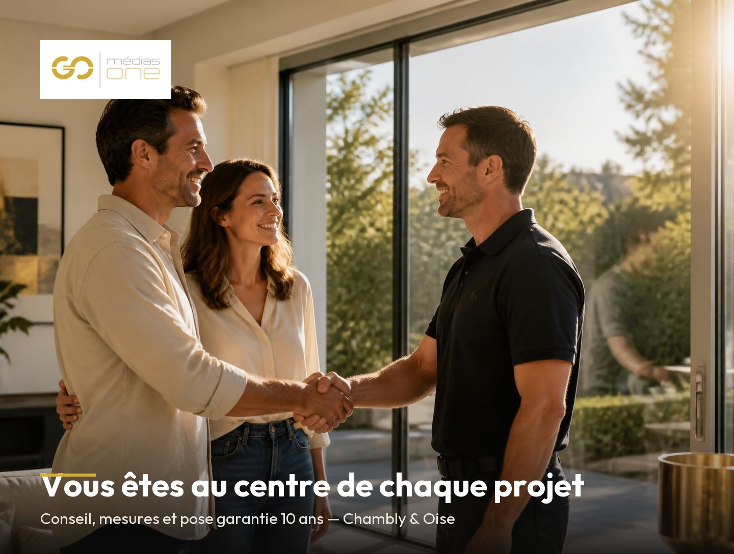 Client accueilli par un poseur Go Medias One devant une baie vitrée équipée d'un film solaire